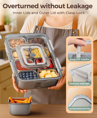Snackle Box Container with 8 Removable Stainless Steel Compartments Divided Serving Tray with Portable Handle for Beach, Road Trip, Picnic, Boat Days, Ball Games, Pool and Parties