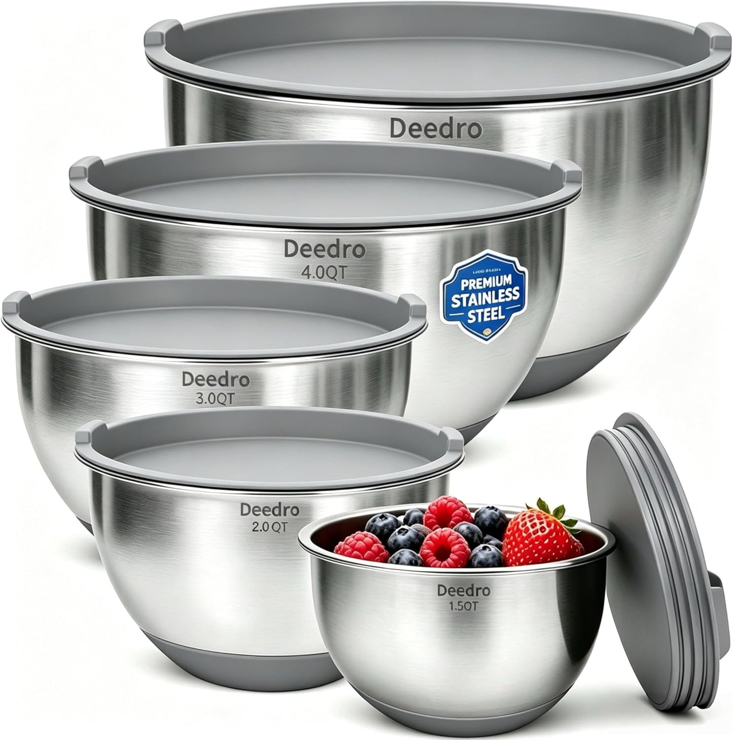 Deedro Premium Mixing Bowls with Airtight Lids Set, 22Pcs Thicker Stainless Steel Mixing Bowl Set, Large Prep Metal Bowls, Non-Slip Silicone Base Nesting Bowls for Kitchen, 1.5/2/3/4/5 QT, Black