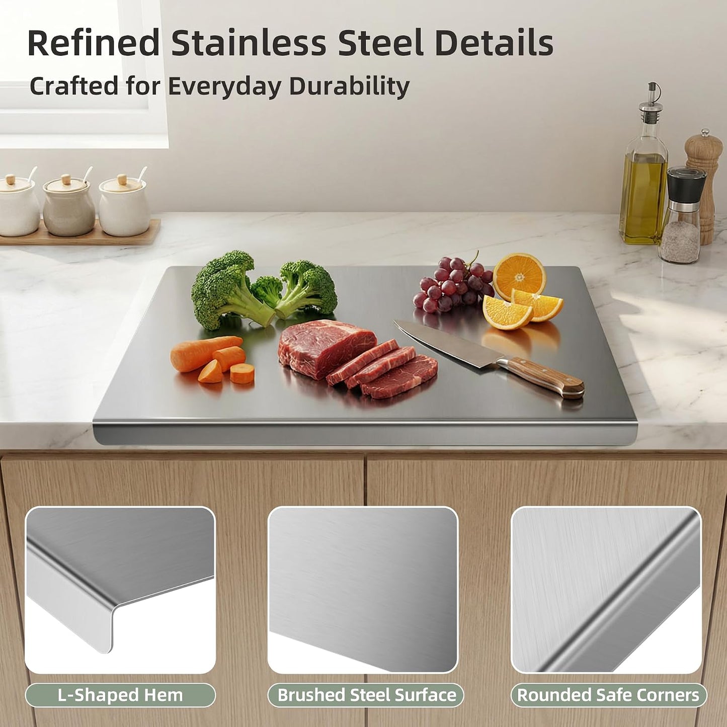 Stainless Steel Cutting Board Set with Lip, 2 Pack 16" & 24" Metal Chopping Boards for Kitchen Countertop, Non-Slip Food Prep Boards for Meat & Vegetables