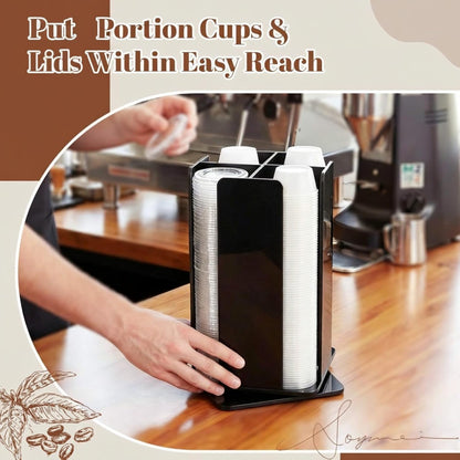 Geetery Rotating Portion Cup and Lid Organizer with 4 Compartments Acrylic Portion Cup Dispenser Holder Carousel Storage for Food Truck Accessories Countertop Coffee Station Restaurant Beverage