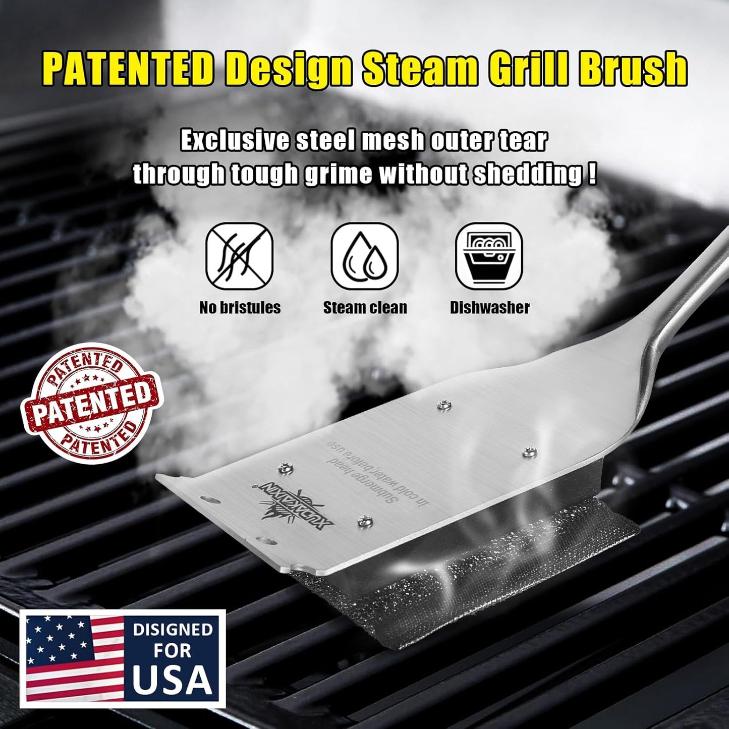 XUDKAKAIXIN Grill Brush Bristle Free,with 1 Replacement Head,Unique Steel Fibers Pad [Safe & Efficient] Perfect for Cast Iron/Stainless-Steel Grates-,Grill Cleaner for Outdoor Gril,Gifts for Men/Dad