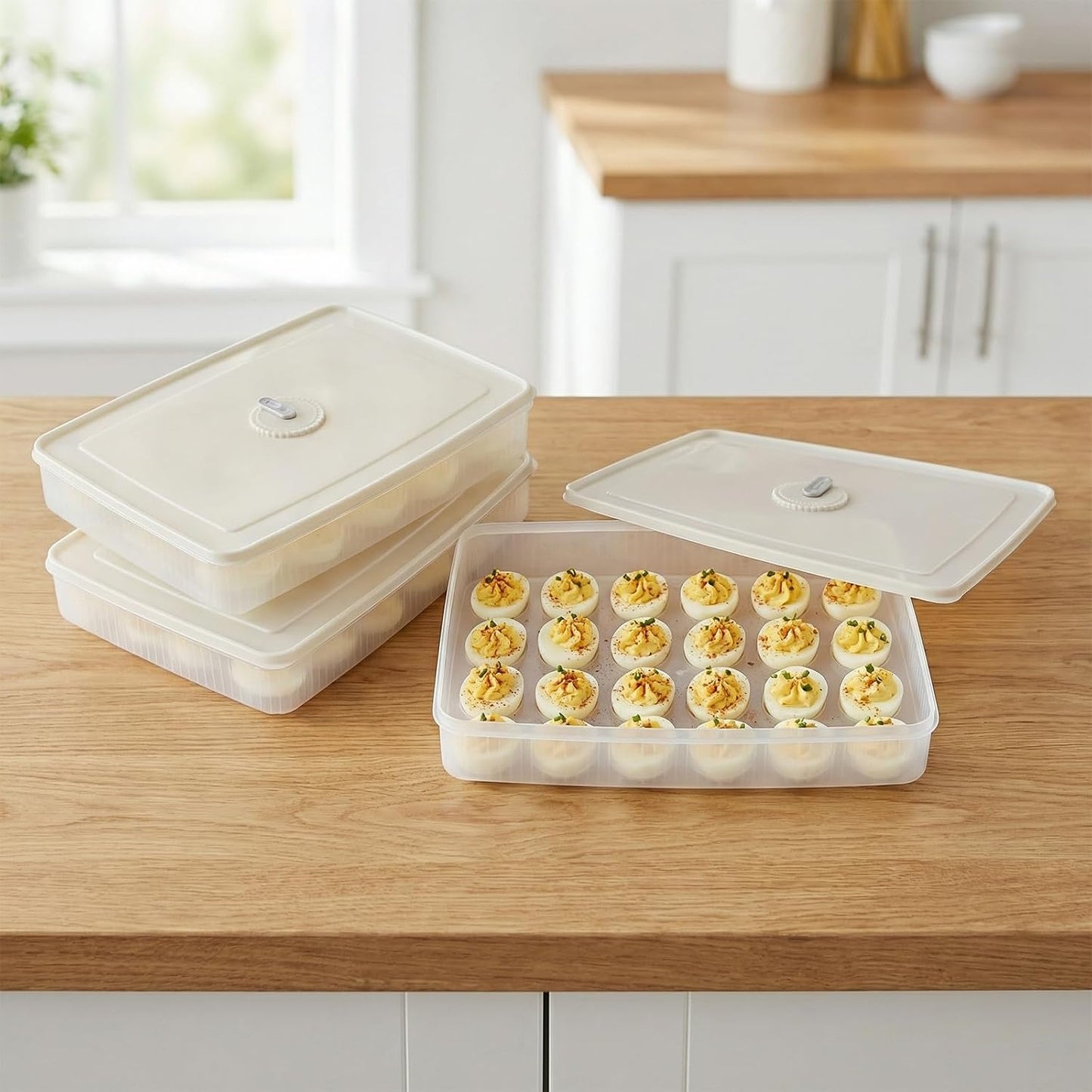 3Tier Deviled Egg Containers with Lid,Plastic Egg Container for Refrigerator with Handle,Deviled Egg Carrier for 72 Eggs,Kitchen,Festival Party, Stackable Egg Holder for Fridge (White)