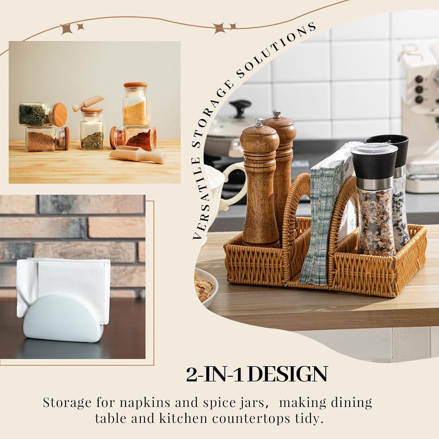 Boho Rattan Napkin Holder with Spice Rack Woven Dining Table Organizer for Napkins, Condiments Utensils Kitchen Counter Decor, Rustic Picnic Party Serving Caddy