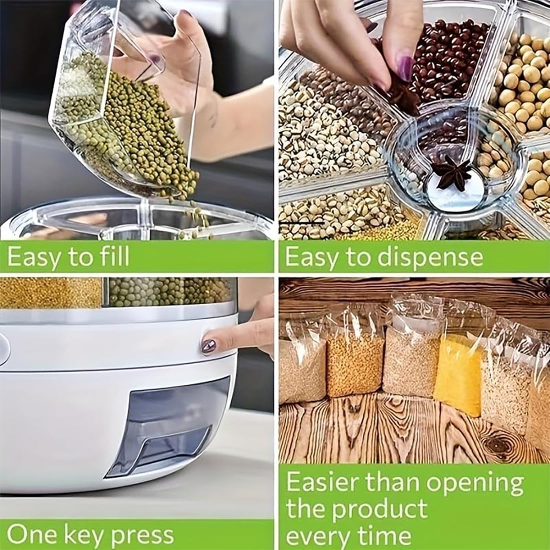 Rotating Grain Storage Bin 6 Grids Rice Container One-Click Output Large Capacity Food Dispenser For Rice Grains Sealed Moisture Proof Organizer (Grey) (Small)