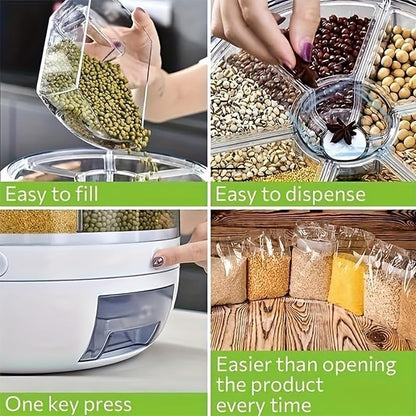 Rotating Grain Storage Bin 6 Grids Rice Container One-Click Output Large Capacity Food Dispenser For Rice Grains Sealed Moisture Proof Organizer (Grey) (Small)