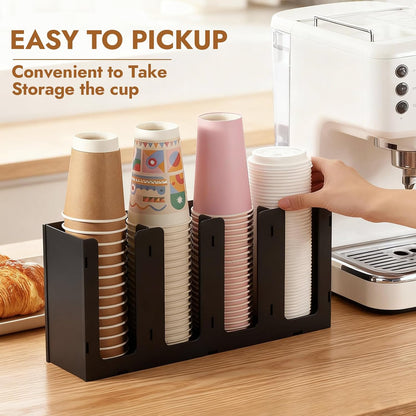 CURTA 4 Compartment Splicing Disposable Paper Cup Dispenser, Coffee and Lid Storage Organizer Holder for Countertop Bar,Restaurant,Breakroom,Party, Black
