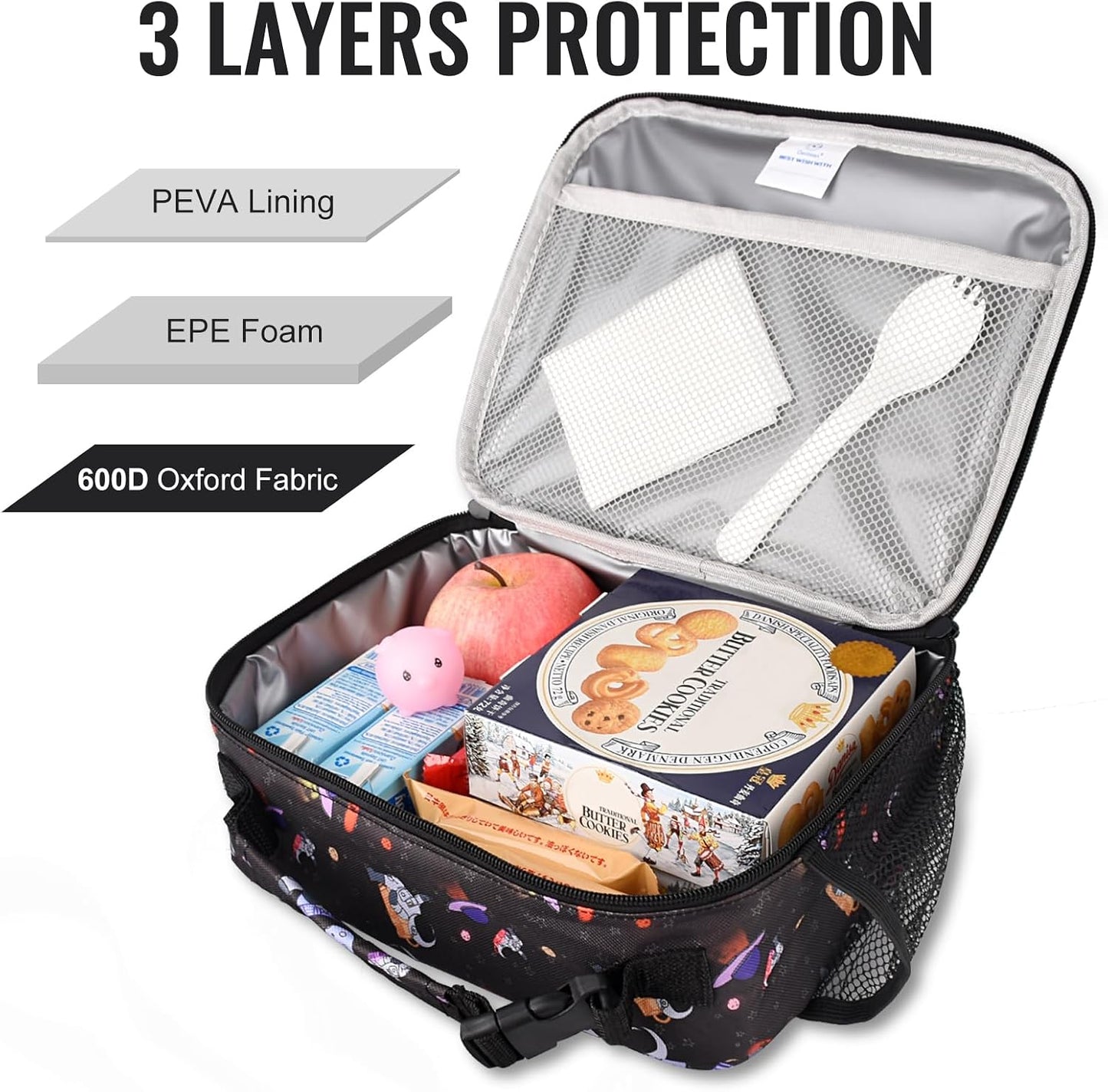 Genteen Lunch Box Kids, Insulated Lunch Bag Kids Boys Girls Back to School, Soft Lunch Box for Men Reusable Lunchbox for Office,Outdoor,School (Black)
