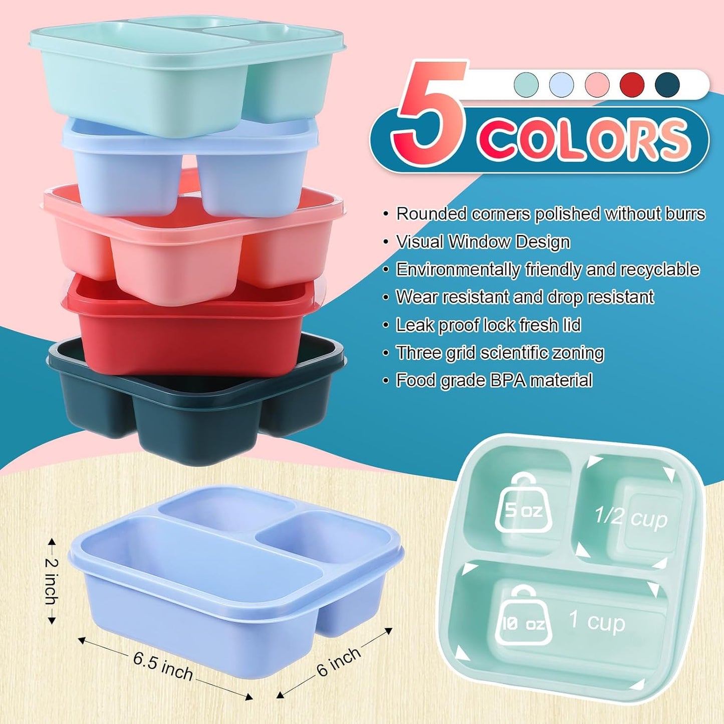 Honeydak 5 Pack Snack Containers 3 Compartment Bento Snack Boxes Divided Meal Prep Containers with Lids Reusable Adults Lunch Food Storage Box for School Work Travel(Elderberry)