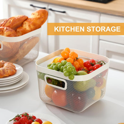 MorningRo 6 Pack Metal Mesh Basket with Hollow Handles Black Wire Storage Bin for Organizing Stackable Metal Fine Mesh Basket for Pantry Bathroom Kitchen Cabinets Shelves (Medium)