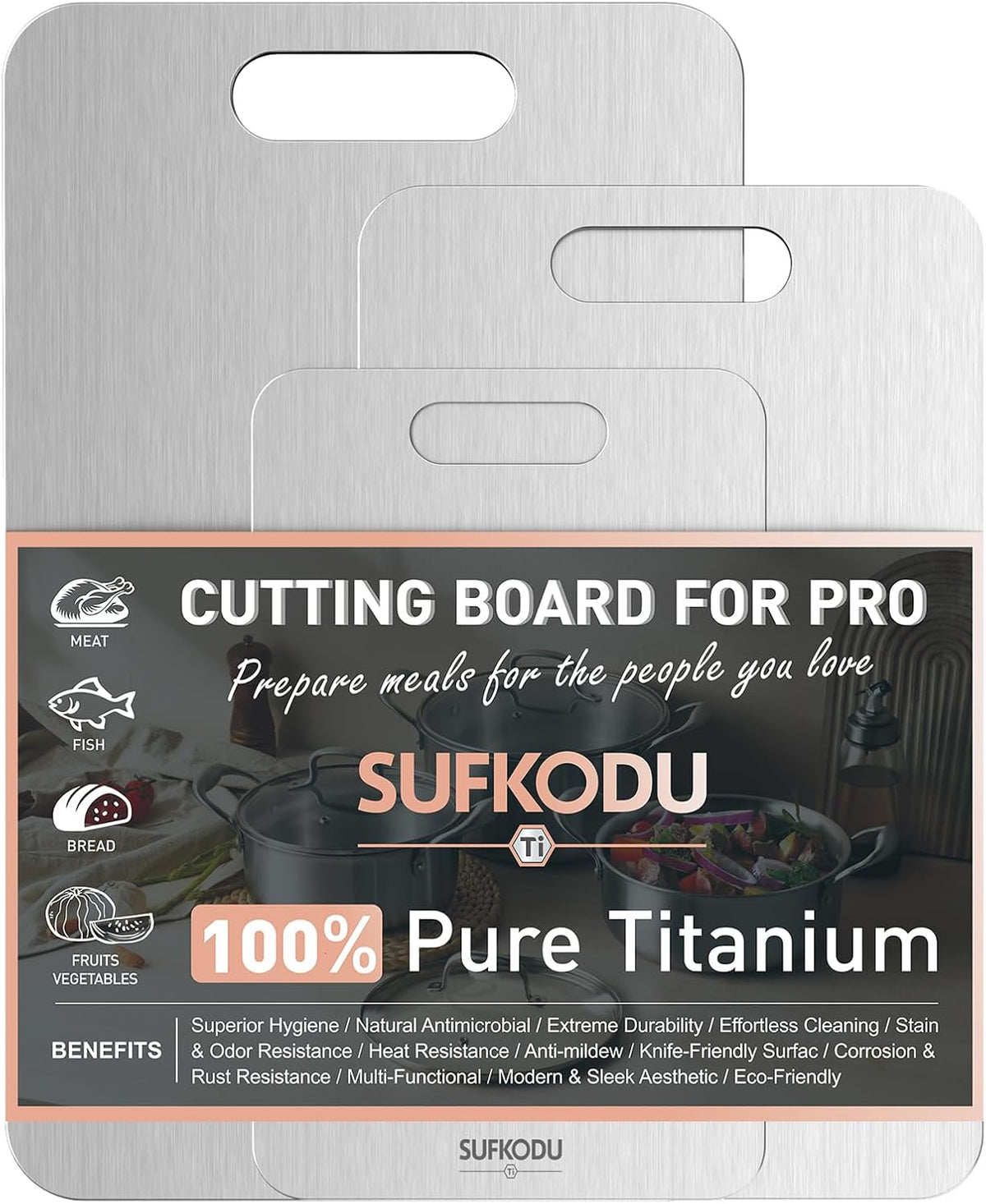 Titanium Cutting Board Set of 3, 100% Double-Sided Titanium Cutting Boards for Kitchen, Dishwasher Safe Non-Toxic Chopping Boards for Meat, Vegetables, Fruits, Raw and Cooked Food Prep (M+L+XL）