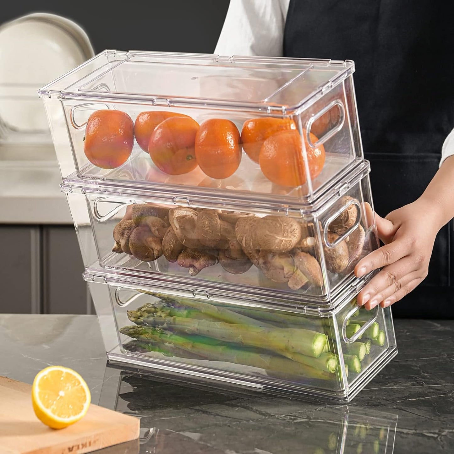 4Pack Stackable Refrigerator Organizer Bins Pull Out Drawer Large Vegetable Fruit Storage for Fridge Organizer Drawers with Handle Clear Food Storage Container Box for Kitchen Pantry Cabinet
