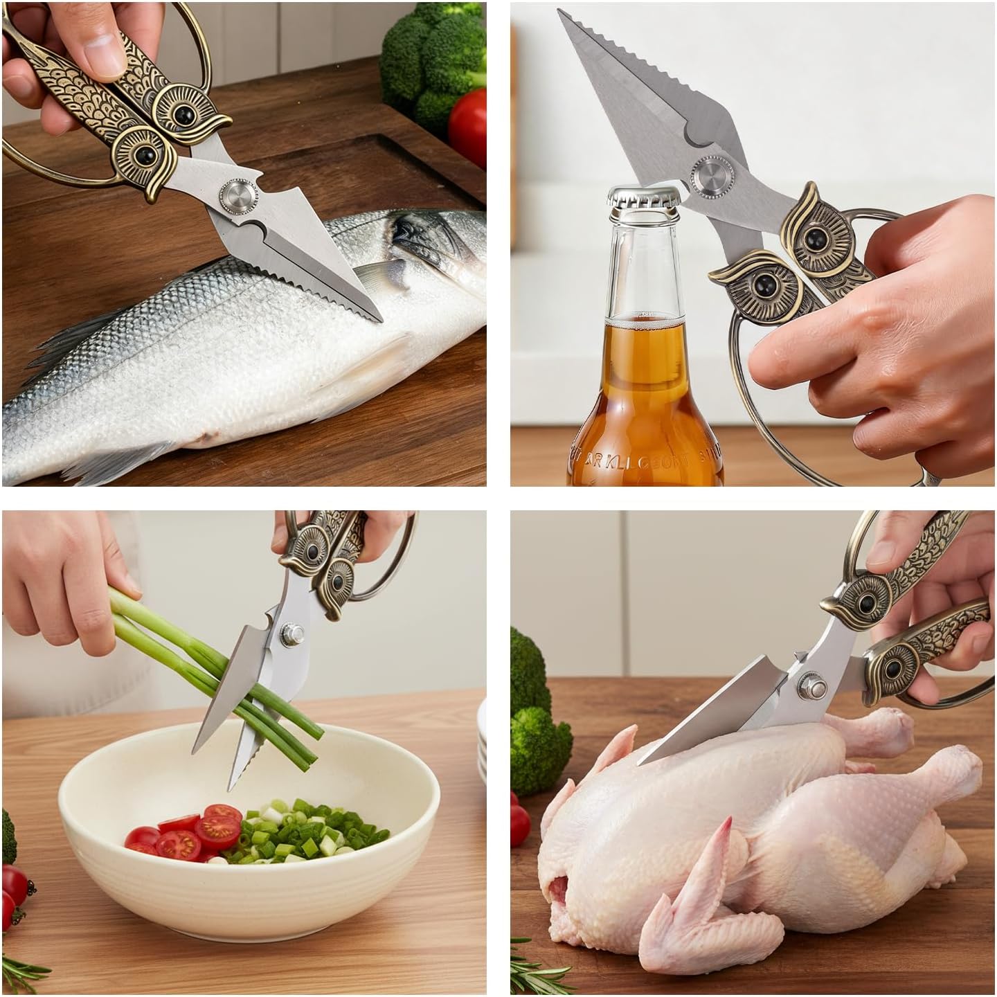 Kitchen Owl Scissors - Stainless Steel Kitchen Scissors, Sharp Meat Scissors, Dishwasher Safe, Heavy-duty Poultry Scissors, Food Cooking Scissors, Gift for Men and Women (Pearl nickel, large)