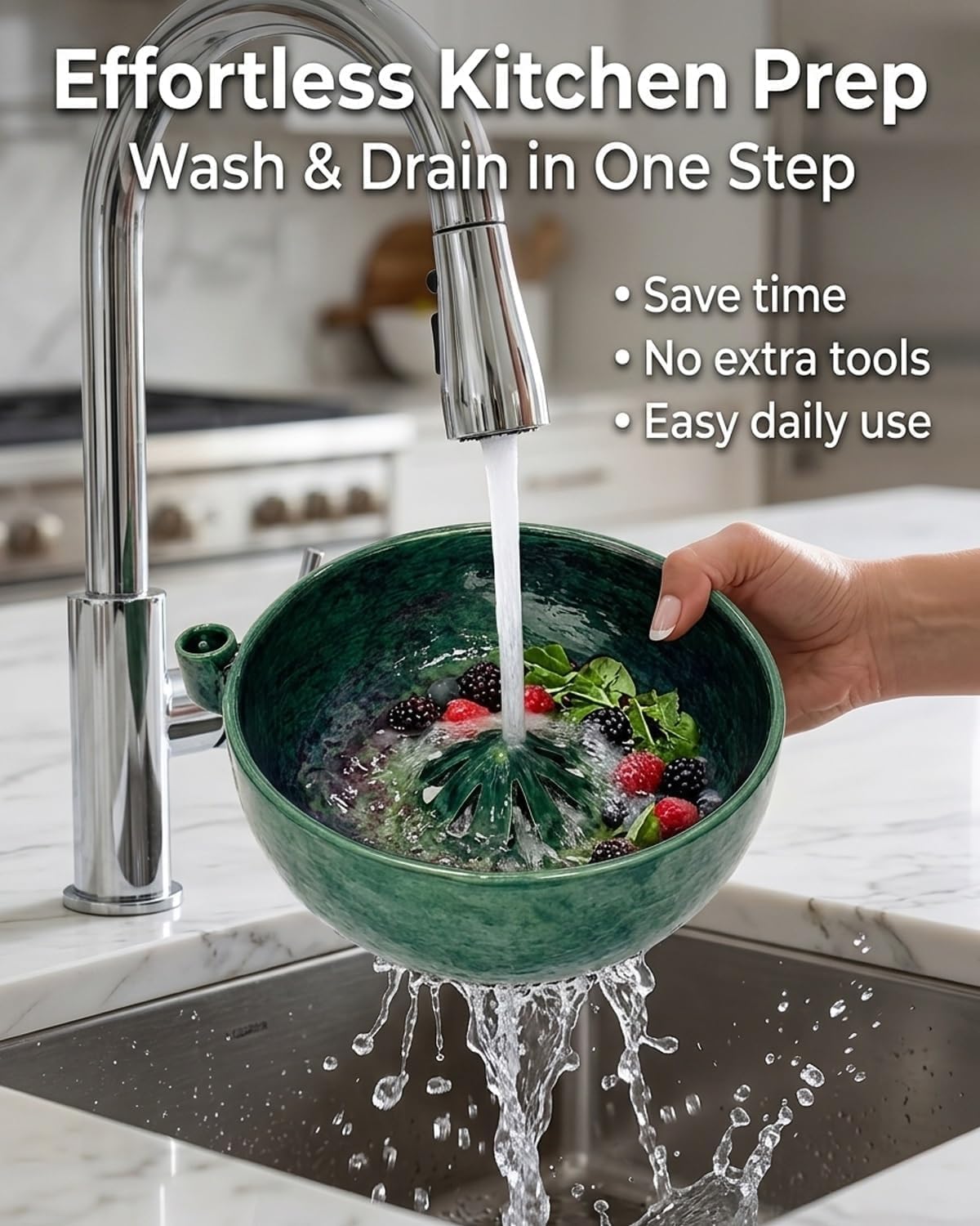 Self Spinning Berry Washing Bowl, Ceramic Berry Bowl with Drain Holes, Fruit Washer Spinner with Strainer and Colander, Handmade Multipurpose Bowl for Washing Berries, Fruits and Vegetables