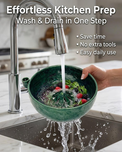 Self Spinning Berry Washing Bowl, Ceramic Berry Bowl with Drain Holes, Fruit Washer Spinner with Strainer and Colander, Handmade Multipurpose Bowl for Washing Berries, Fruits and Vegetables