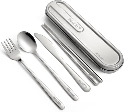 Travel cutlery set, 18/8 stainless steel cutlery, Reusable utensils set with case, Portable Silverware Lunch Box for Camping and Office (Green/knife set)