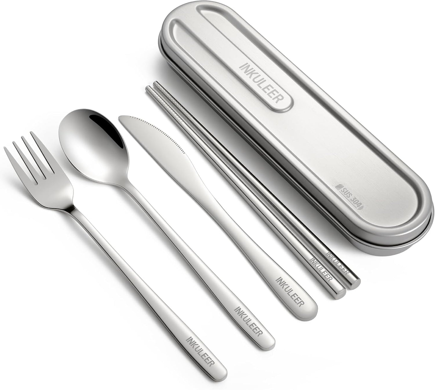 iNKULEER Travel cutlery set, 18/8 stainless steel cutlery, Reusable utensils set with case, Portable Silverware Lunch Box for Camping and Office (Pink)