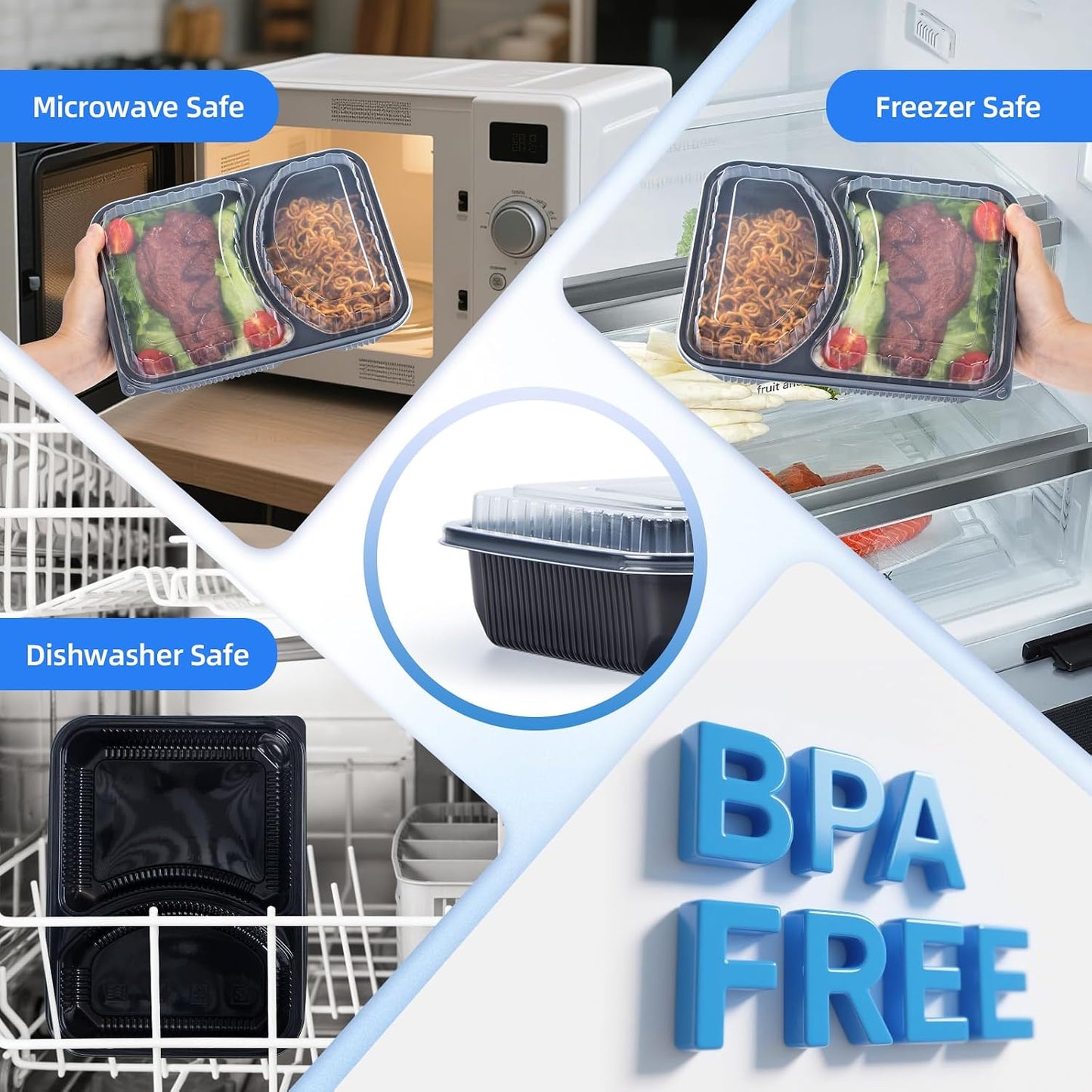 YANGRUI Meal Prep Container with Lid 40 Pack 34 oz - Reusable 4 Compartment Quad Seal Leak Defense Food Containers | BPA Free Flexible PP Plastic | Shrink Wrap Microwave & Dishwasher Safe Takeout Box