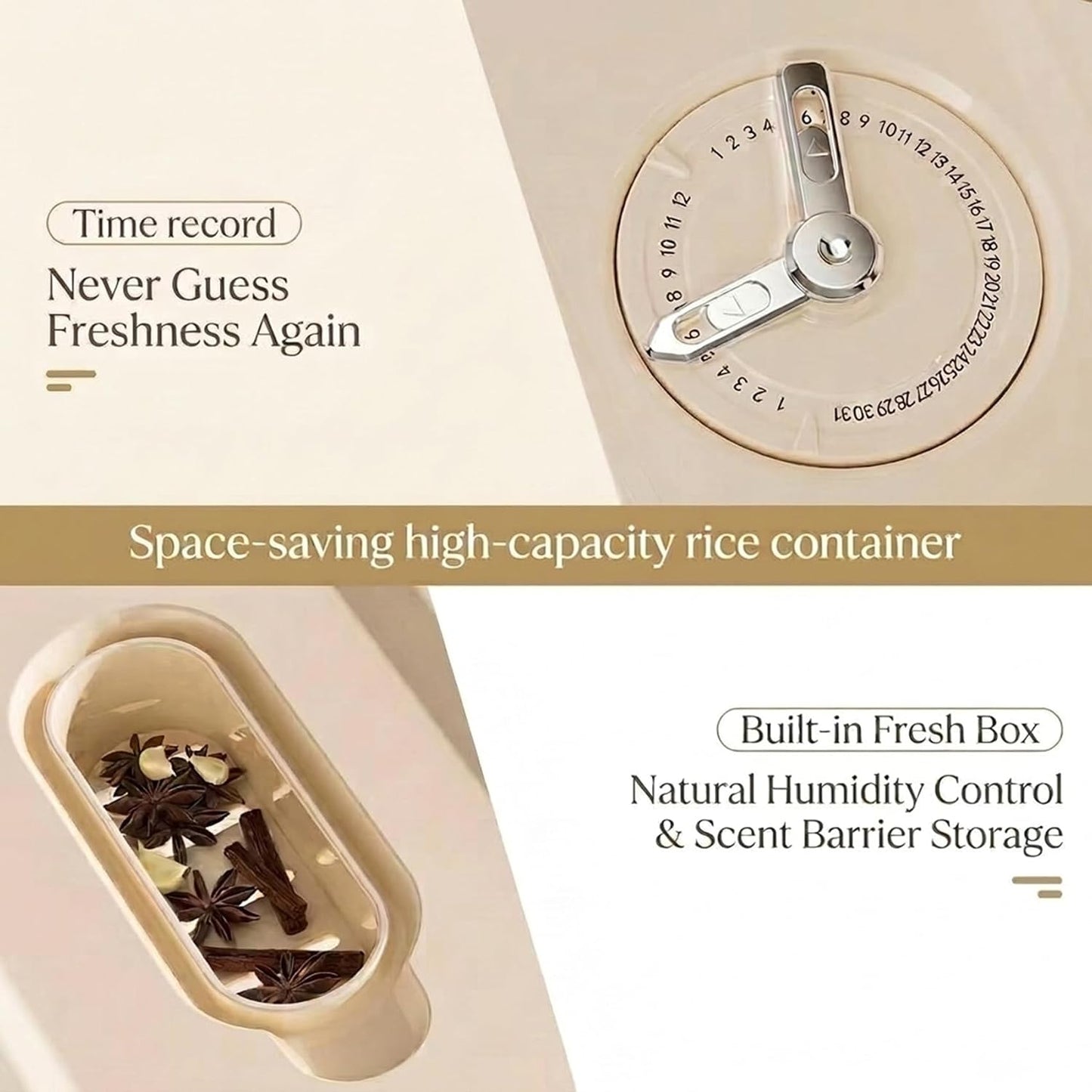 Slim Rice Dispenser with Manual Date Tracker, 22 Lbs Large Grain Storage Container for Kitchen Gap, 4.72" Wide Narrow Rice Bin with Measuring Cup, Beige