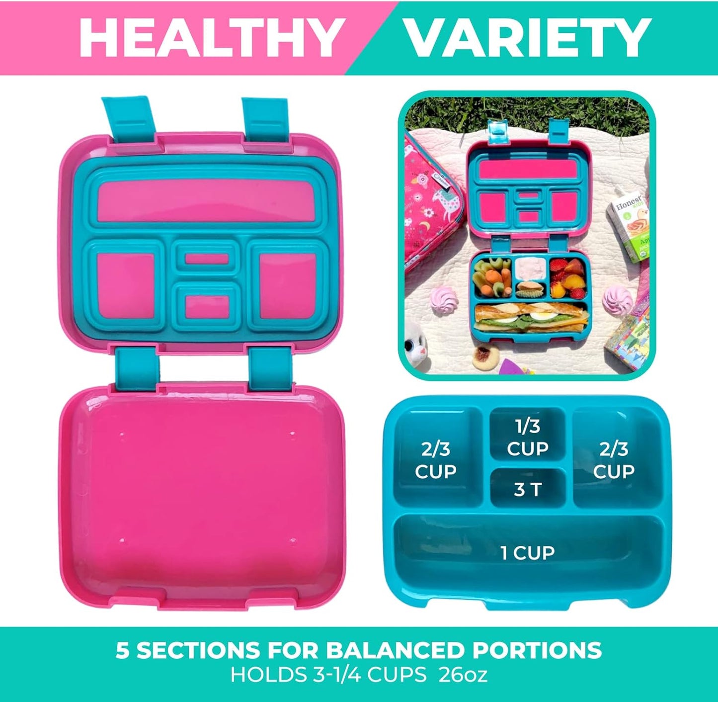 Kinsho Bento Lunch Box for Kids Toddlers, 5 Portion Control Sections, BPA Free Removable Plastic Tray, Pre-School Kid Toddler Daycare Lunches, Snack Container Ages 3 to 7 (Blue Space Rockets)