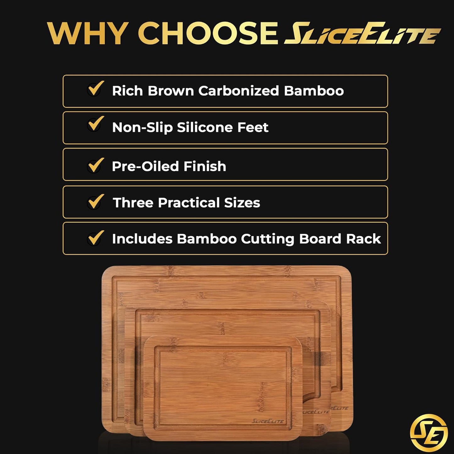 SliceElite Extra Large Bamboo Cutting Board Set 3 Piece End Grain Wooden Chopping Boards with Holder Non Slip Feet Juice Groove XL Butcher Block Style Boards for Kitchen Carving and Serving