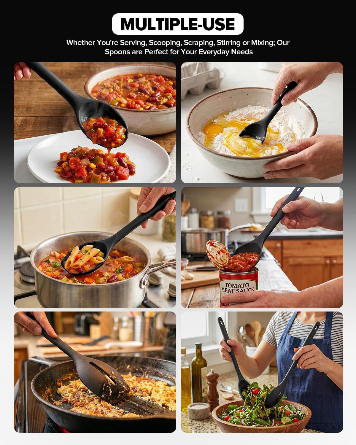 Silicone Cooking Spoons Set, Heat Resistant Kitchen Utensils, Non-Stick BPA Free Solid & Slotted Spoons for Mixing, Scooping, Draining, Serving, Basting (4 Pack) (RED)