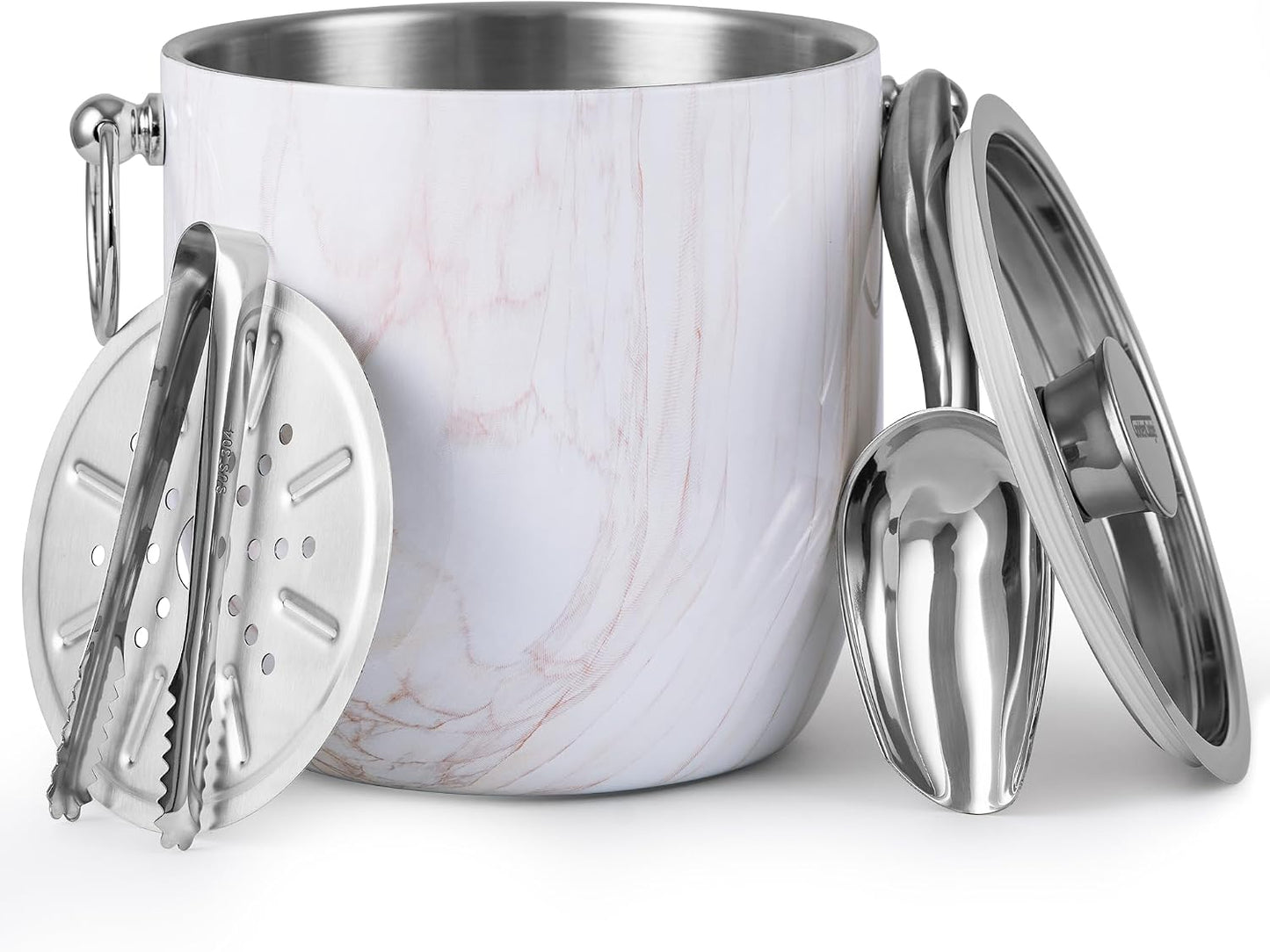 Insulated Ice Bucket, 3L Double Wall Stainless Steel Ice Bucket with Tongs,Lid, Scoop and Strainer, Ice Buckets for Parties,Cocktail Bars, Chilling Beer, Champagne, Wine Bottles