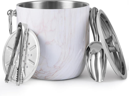 Insulated Ice Bucket, 3L Double Wall Stainless Steel Ice Bucket with Tongs,Lid, Scoop and Strainer, Ice Buckets for Parties,Cocktail Bars, Chilling Beer, Champagne, Wine Bottles