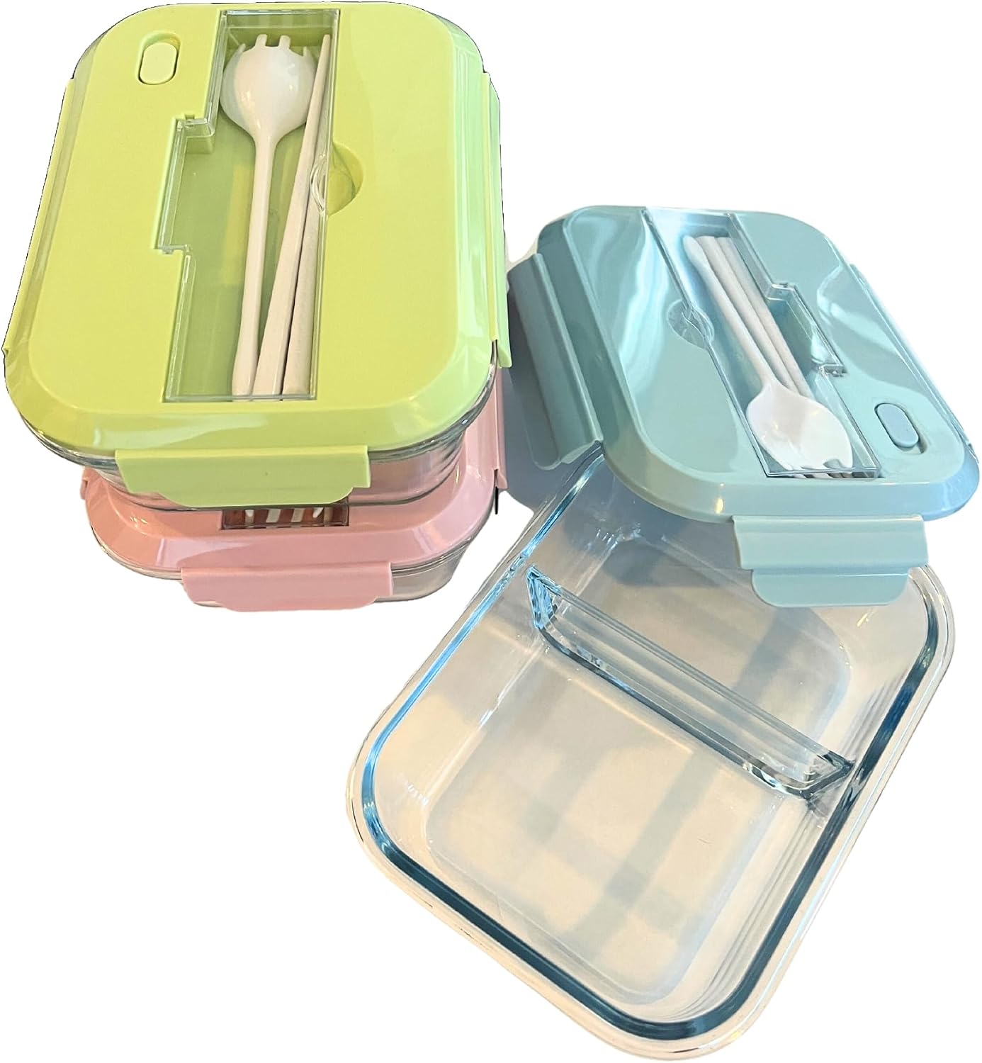 THY COLLECTIBLES Set of 3 36 OZ Glass Lunch Storage Containers with Lids and Utensils, Microwave Safe, Leak Proof, Freezer to Oven Safe for Meal Prep, Leftovers, Cooking, Bento Box (3 Compartments)