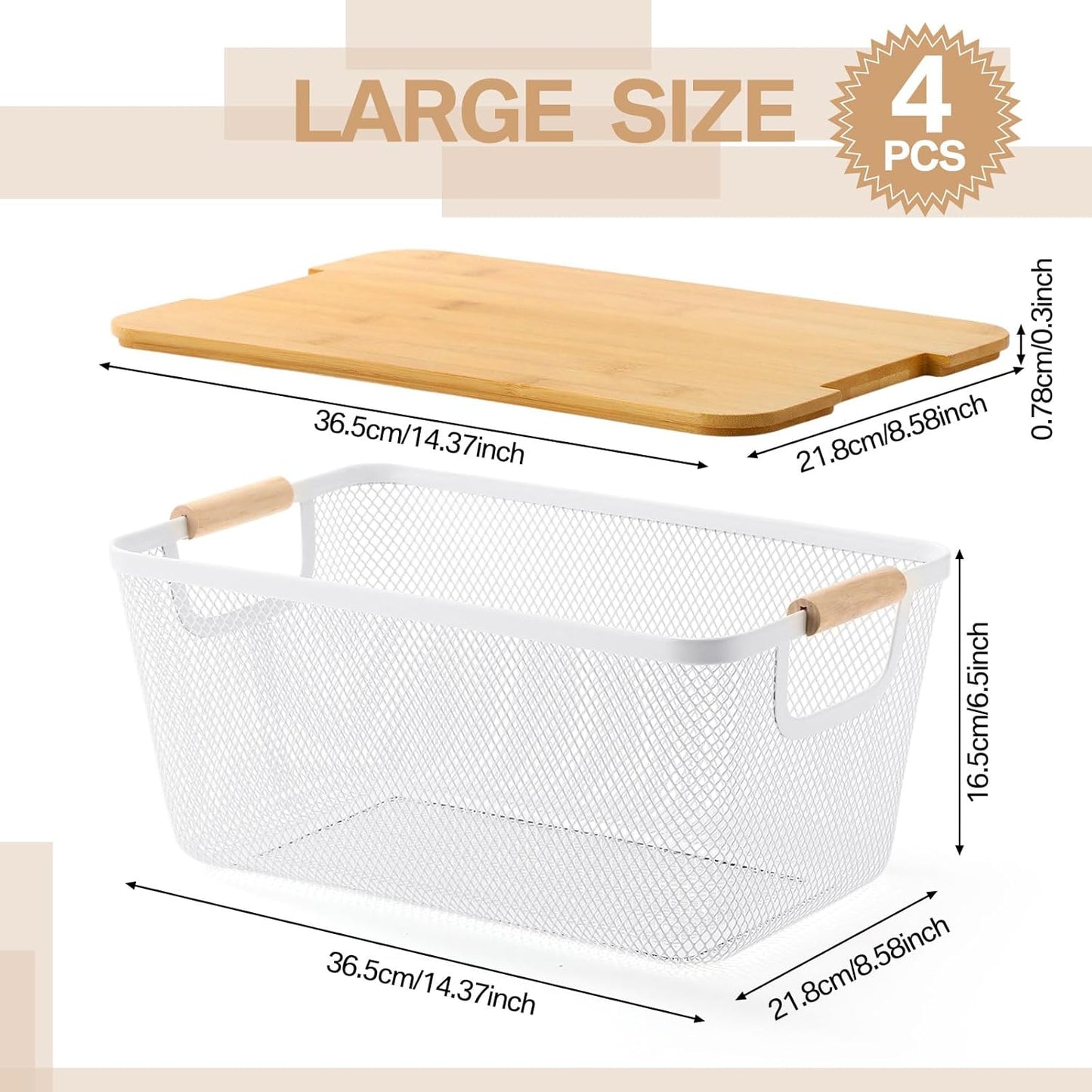 Geelin 4 Pcs Metal Wire Basket with Wooden Handles and Bamboo Lids 12.2 x 8.27 x 5.51 Mesh Steel Basket Stackable Storage Bins Organizer Containers for Vegetables Fruit Home Cabinet Pantry(White)