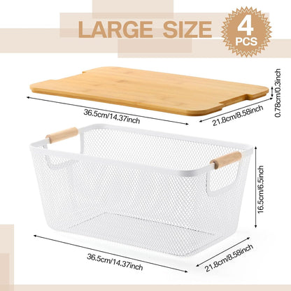 Geelin 4 Pcs Metal Wire Basket with Wooden Handles and Bamboo Lids 12.2 x 8.27 x 5.51 Mesh Steel Basket Stackable Storage Bins Organizer Containers for Vegetables Fruit Home Cabinet Pantry(White)