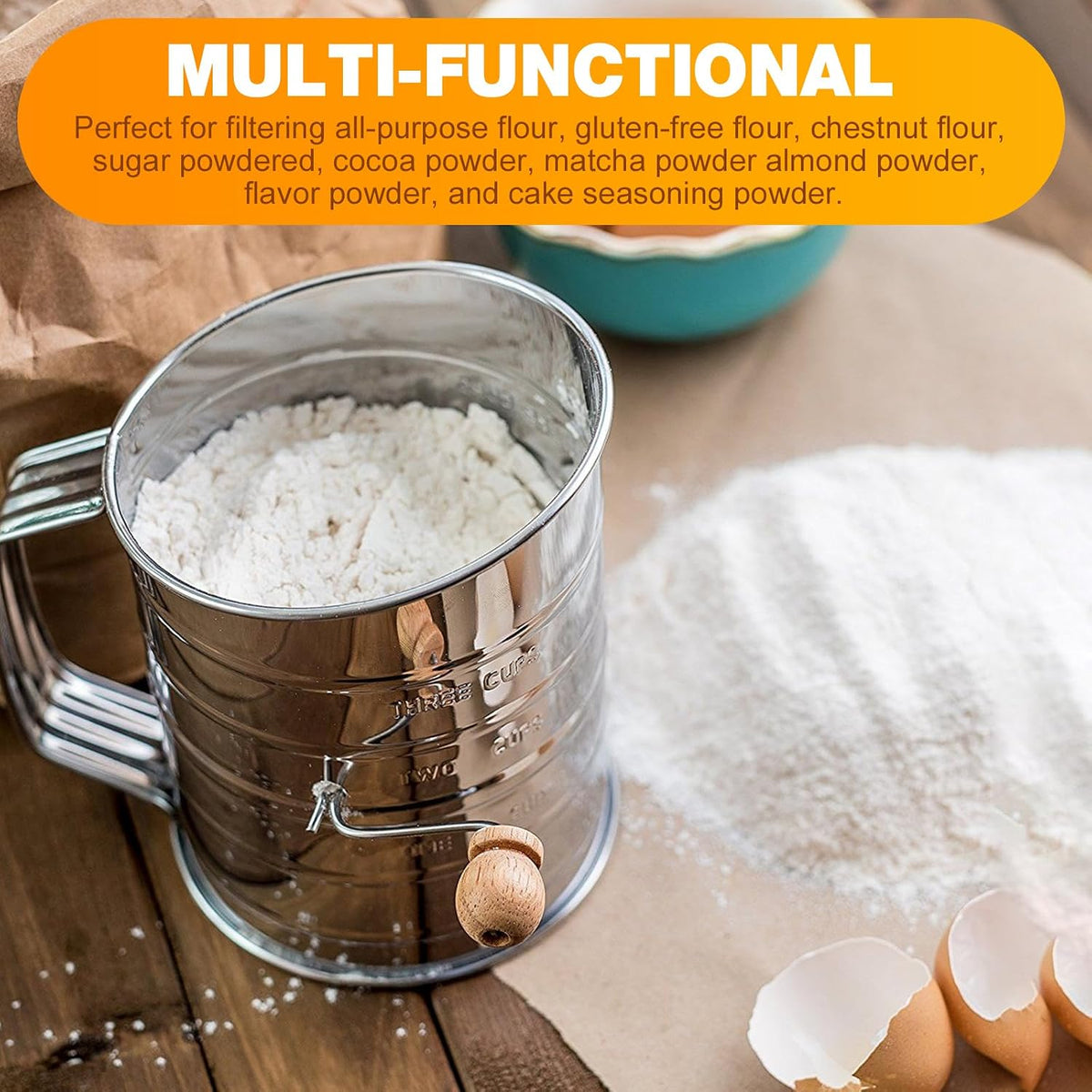 4 in1 Flour Sifter Stainless Steel, 5 Cup Flour Sifter for Baking, Sifter for Baking with Powdered Sugar Duster Set, Flour Shaker Duster for Baking Cakes, Pies, Pastries, Desserts and Cupcakes