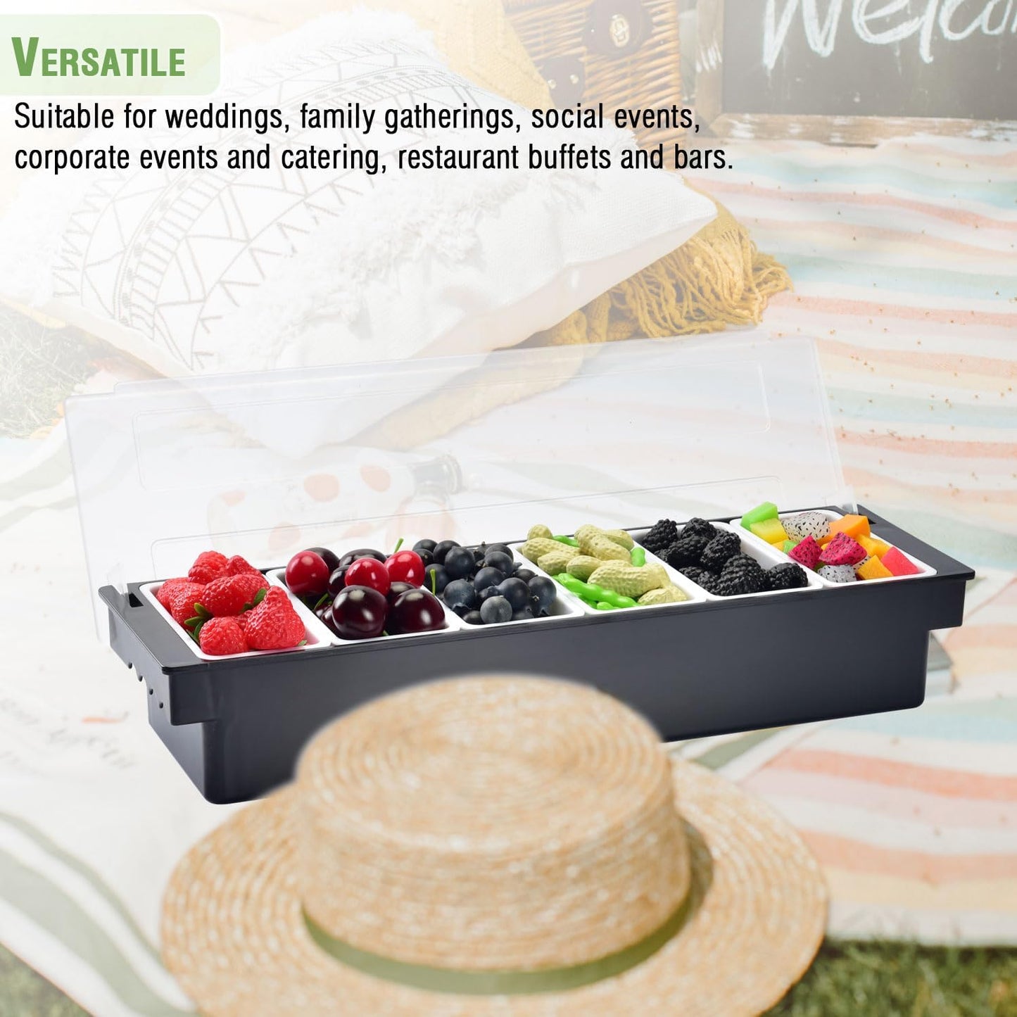 V·RESOURCING Ice Chilled Condiment Caddy,4 Containers(27oz) with Ice Chamber,Ice Cooled Condiment Serving Container with Lid for Salar Bar,Fruit,Veggie,Candy,Snack,Sauce