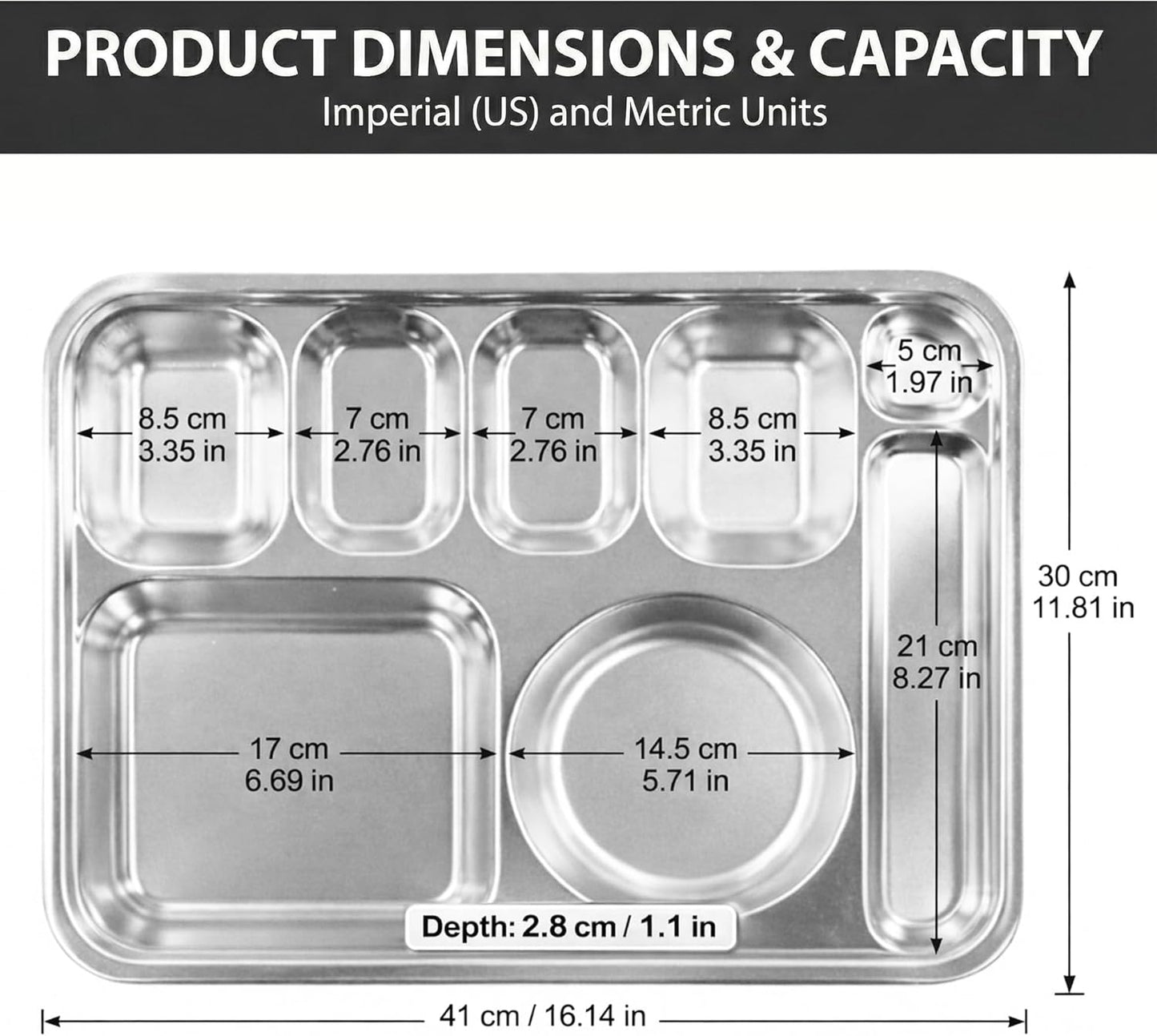 Korean Stainless Steel Divided Plates for Adults, Teens, Premium 304, Electro-Polished, No Black Residue, BPA-Free, Large 5-Compartment Food Tray, Diet Portion Control, Camping, Set of 2