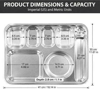 Korean Stainless Steel Divided Plates for Adults, Teens, Premium 304, Electro-Polished, No Black Residue, BPA-Free, Large 5-Compartment Food Tray, Diet Portion Control, Camping, Set of 2