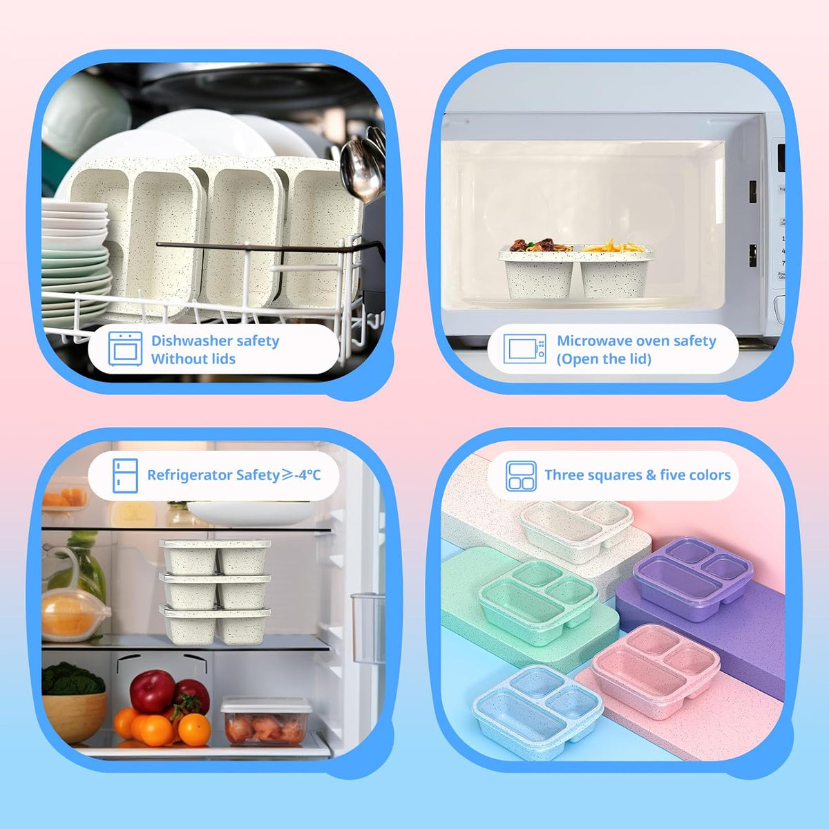 Snack Boxes (3 Pack) - Stackable Bento Boxes with 3 Compartments, Meal Prep Containers Reusable, Lightweight Lunch Containers for Kids and Adults, BPA Free (Blue)