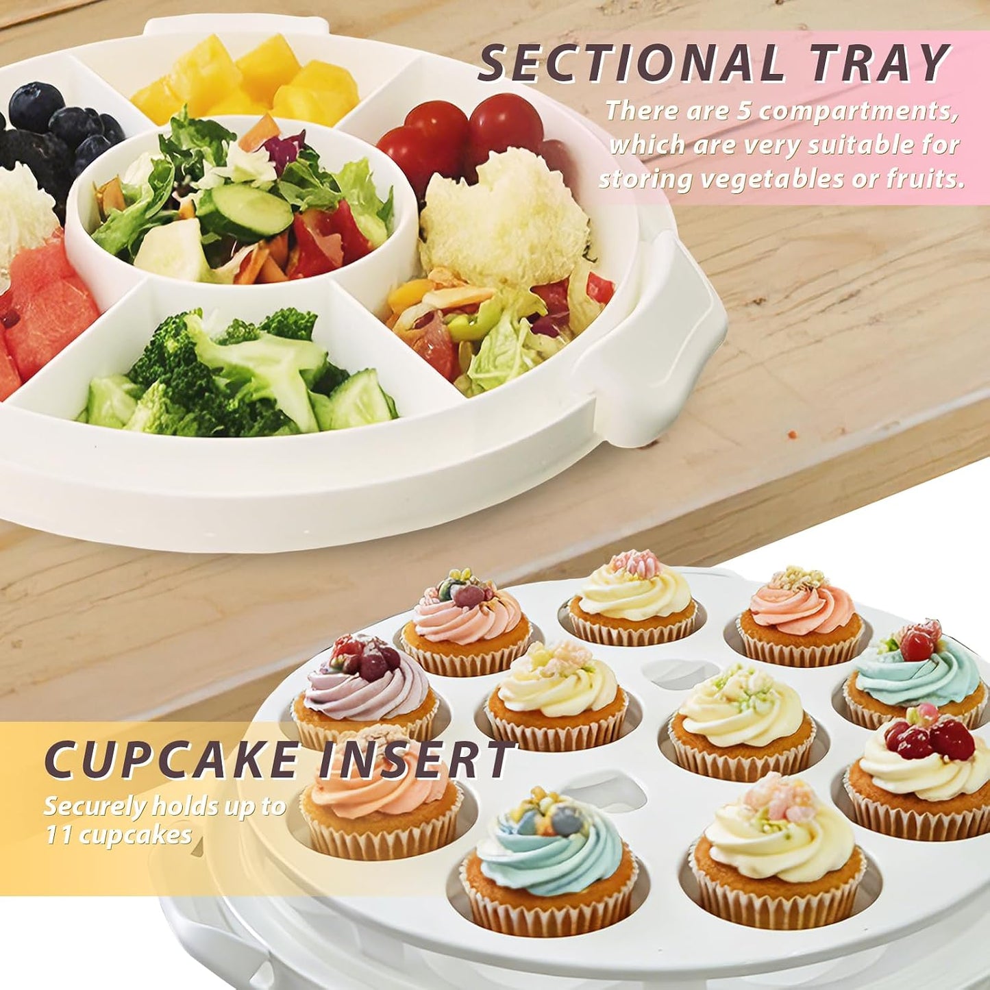 Plastic Cake Carrier with Lid and Handle, Multipurpose Cake Stand Holder Container for 11 in Cake, Round Cupcake Storage Box Serving Tray with Cover for Bundt Dessert Pie Pizza Eggs Fruit White
