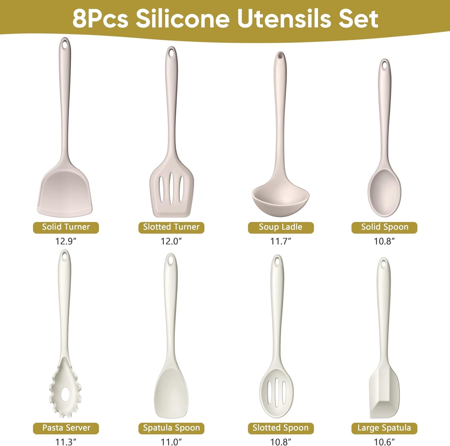 LIANYU Non-Toxic Silicone Kitchen Utensils Set, 8 Piece Non-Scratch Cooking Spoons & Spatulas, Stainless Steel Core, Heat Resistant & Dishwasher Safe, Khaki