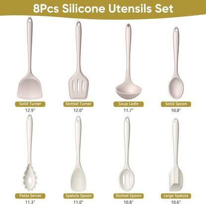 LIANYU Non-Toxic Silicone Kitchen Utensils Set, 8 Piece Non-Scratch Cooking Spoons & Spatulas, Stainless Steel Core, Heat Resistant & Dishwasher Safe, Khaki