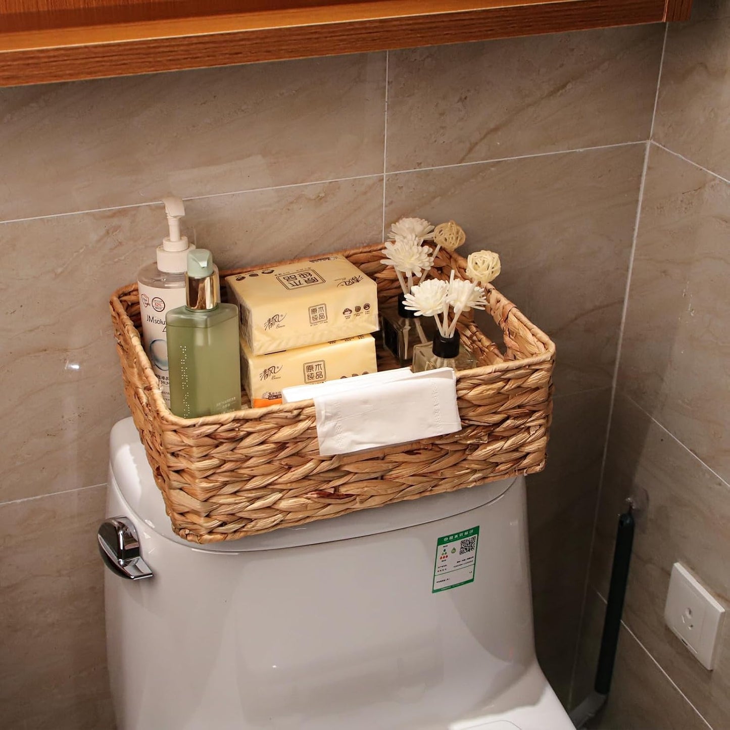 Rectangular Wicker Shelf Basket, Square Water Hyacinth Woven Storage Basket | Three-sided handle design, Natural water hyacinth material, Suitable for the living room, storage room, vanity, and wardrobe