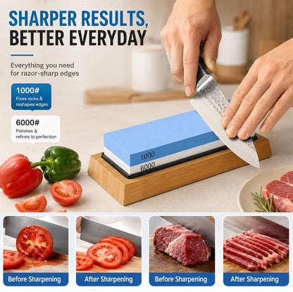Knife Sharpening Stone Set, 1000/6000 Grit Dual-Sided Whetstone