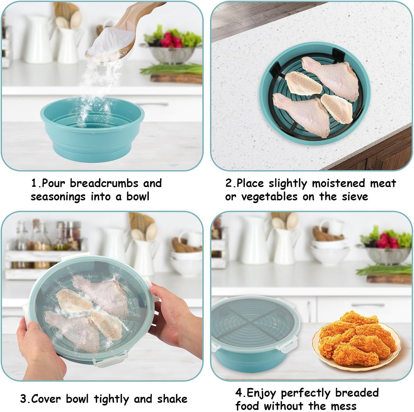 Breading Shaker Bowl, Silicone Bowl Shaker with Lid Collapsible Mixing Bowls Fish Batter Shaker Chicken Wing Flour Coater Breader Shaker Bowl Better Bowl for Fried Fish, Fried Chicken, Onion Rings