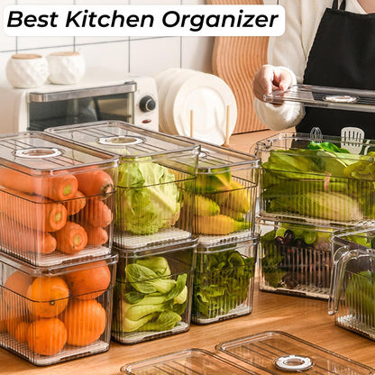 2 Pack Clear Refrigerator Organizers and Storage, Plastic Fridge Organizer Bins with Handle and Removable Drain Tray, Multi-Use Organizer Bins for Kitchen, Cabinets, Fridge, Drinks, Vegetable