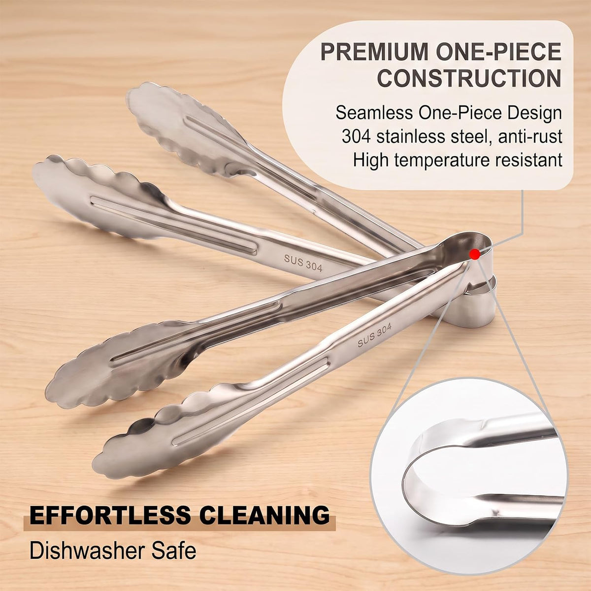 Wavy Tip Stainless Steel Cooking Tongs, Seamless One-Piece Design, Heatproof 304 Metal Tongs for Kitchen,Grill,Camping,Buffet,Dishwasher Safe,2 Pack 9 Inch Set