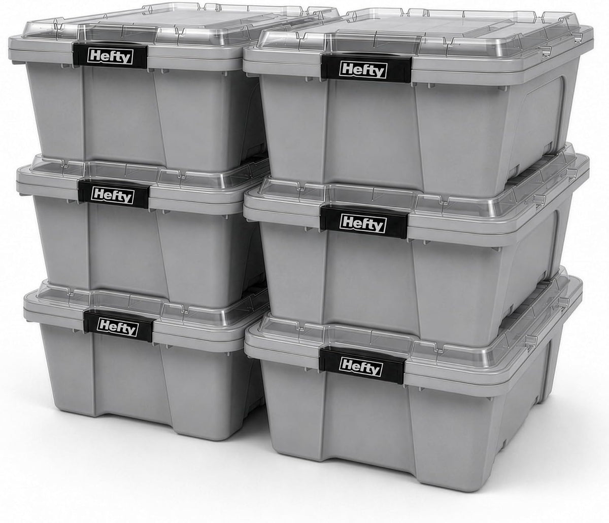 Hefty MAX Pro 12 Gallon Storage Bins with Latching Lids, Heavy Duty Stackable Plastic Storage Containers for Garage, Basement & Outdoor Use, Utility Storage Tote, 6 Pack, Gray