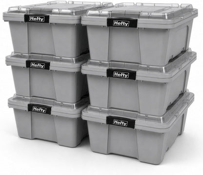 Hefty MAX Pro 12 Gallon Storage Bins with Latching Lids, Heavy Duty Stackable Plastic Storage Containers for Garage, Basement & Outdoor Use, Utility Storage Tote, 6 Pack, Gray