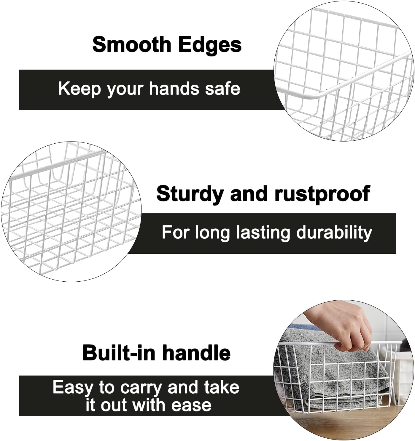 White Wire Storage Baskets,11.1"x8.7"x4.7"Wire Freezer Storage Organizer Bins Farmhouse Metal Freezer Basket with Handles for Cabinets, Pantry, Closets, Bedrooms,White,4 Pack