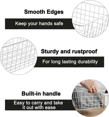 White Wire Storage Baskets,11.1"x8.7"x4.7"Wire Freezer Storage Organizer Bins Farmhouse Metal Freezer Basket with Handles for Cabinets, Pantry, Closets, Bedrooms,White,4 Pack