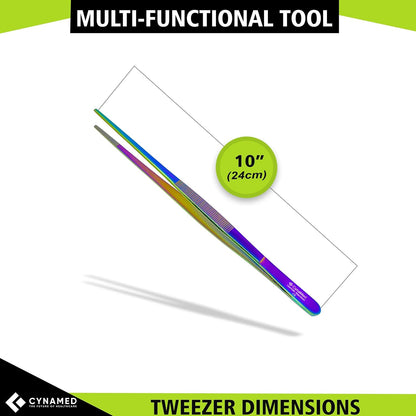 Cynamed 10” Kitchen Premium Tongs Tweezers Stainless Steel, Long with Precision Serrated Tips (Blue, Bayonet)