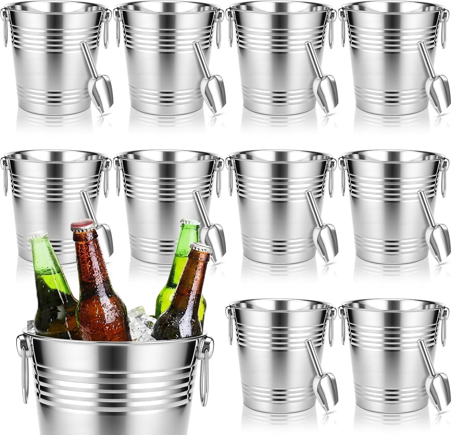 meekoo 10 Set 5.3 QT / 5 L Ice Bucket with Scoop Bulk, Stainless Steel Champagne Ice Bucket for Parties Insulated Wine Chiller Buckets with Handle to Keep Frozen Longer, Ideal for Cocktail Bar Wine