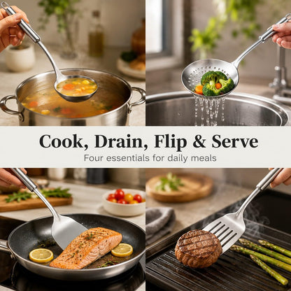 Pleafind 𝟑𝟑% 𝐎𝐅𝐅 Cooking Utensils Set - 4 Pcs Stainless Steel Kitchen Utensils Set with Solid Turner, Slotted Turner, Serving Ladle, Slotted Spoon, Wok Utensils Set with Heat Resistant Handle
